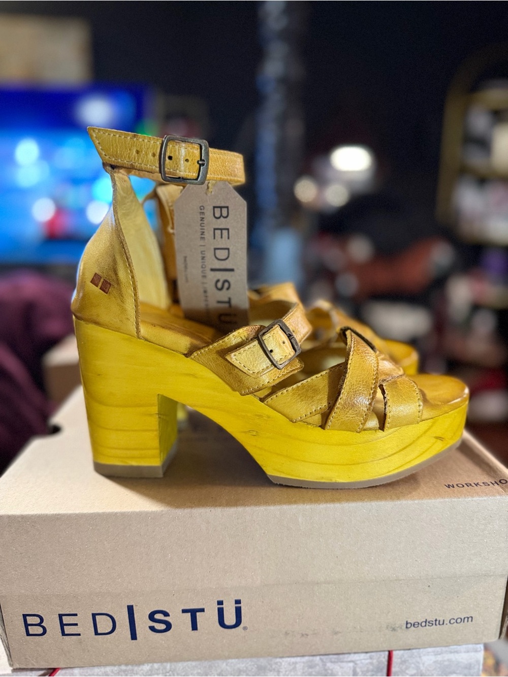 BED|STU ALBA lemon Yellow Leather Platform Sandals with ankle Straps